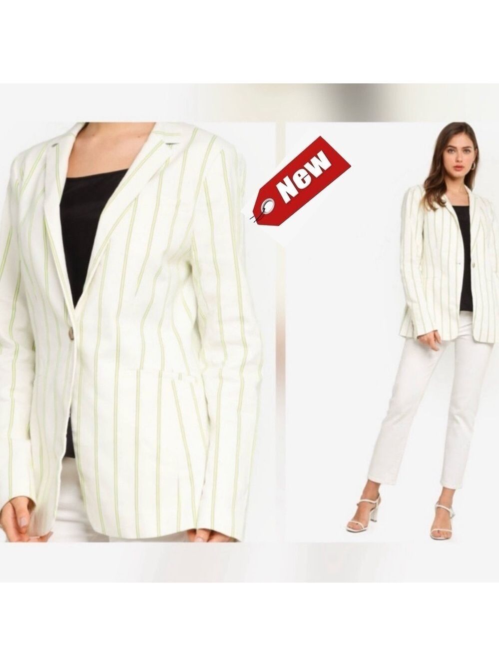 Banana Republic LONG & LEAN-FIT IVORY NEON LIME GREEN STRIPE BLAZER Sz 4 NWT